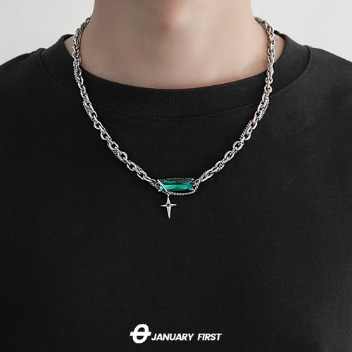 钛钢男女绿钻吊坠项链