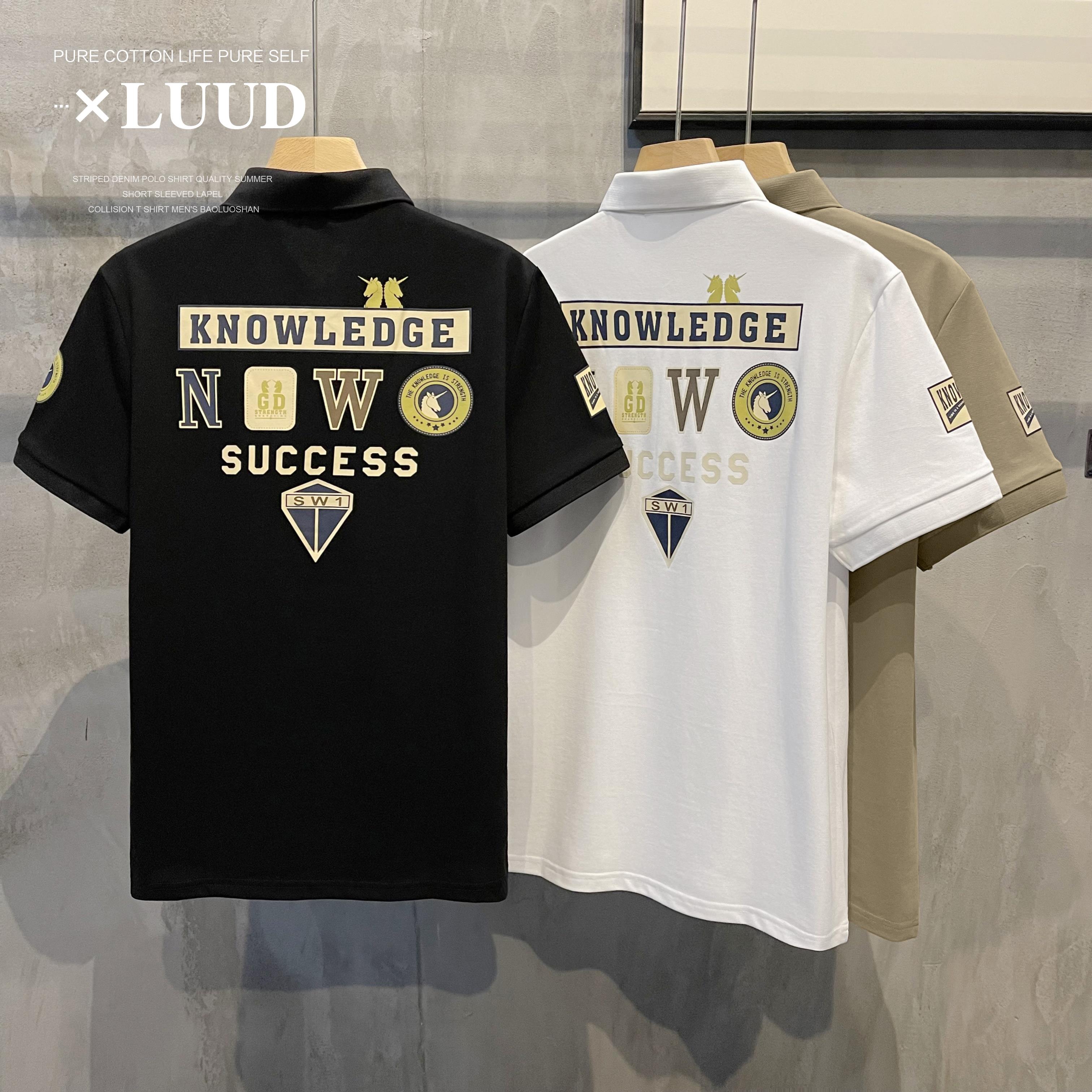 LUUD 2025欧美潮牌徽章印花短袖Polo衫潮流痞帅时尚修身翻领T恤男