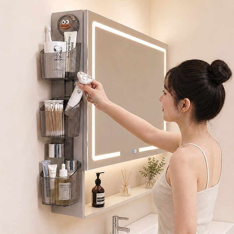 镜柜侧边收纳置物架壁挂式免打孔卫生间收纳盒护肤品化妆品置物架