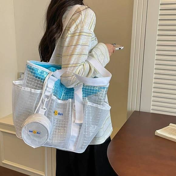 托特包女日韩风大容量网纱收纳包游泳健身沙滩包多功能单肩手提包