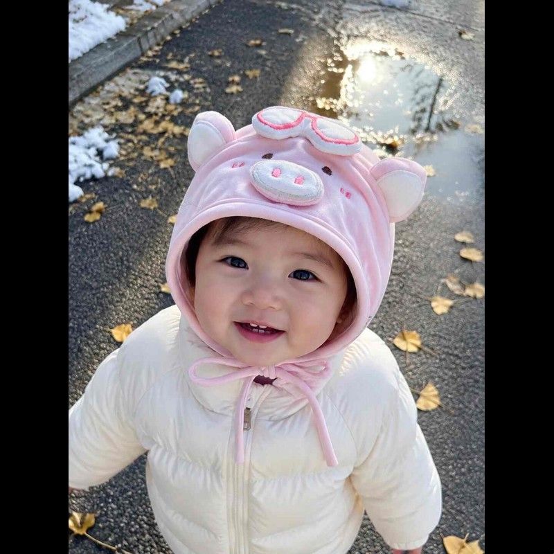 可爱小猪宝宝帽子男女宝宝秋冬季外出护耳帽小月龄婴幼儿防风帽子