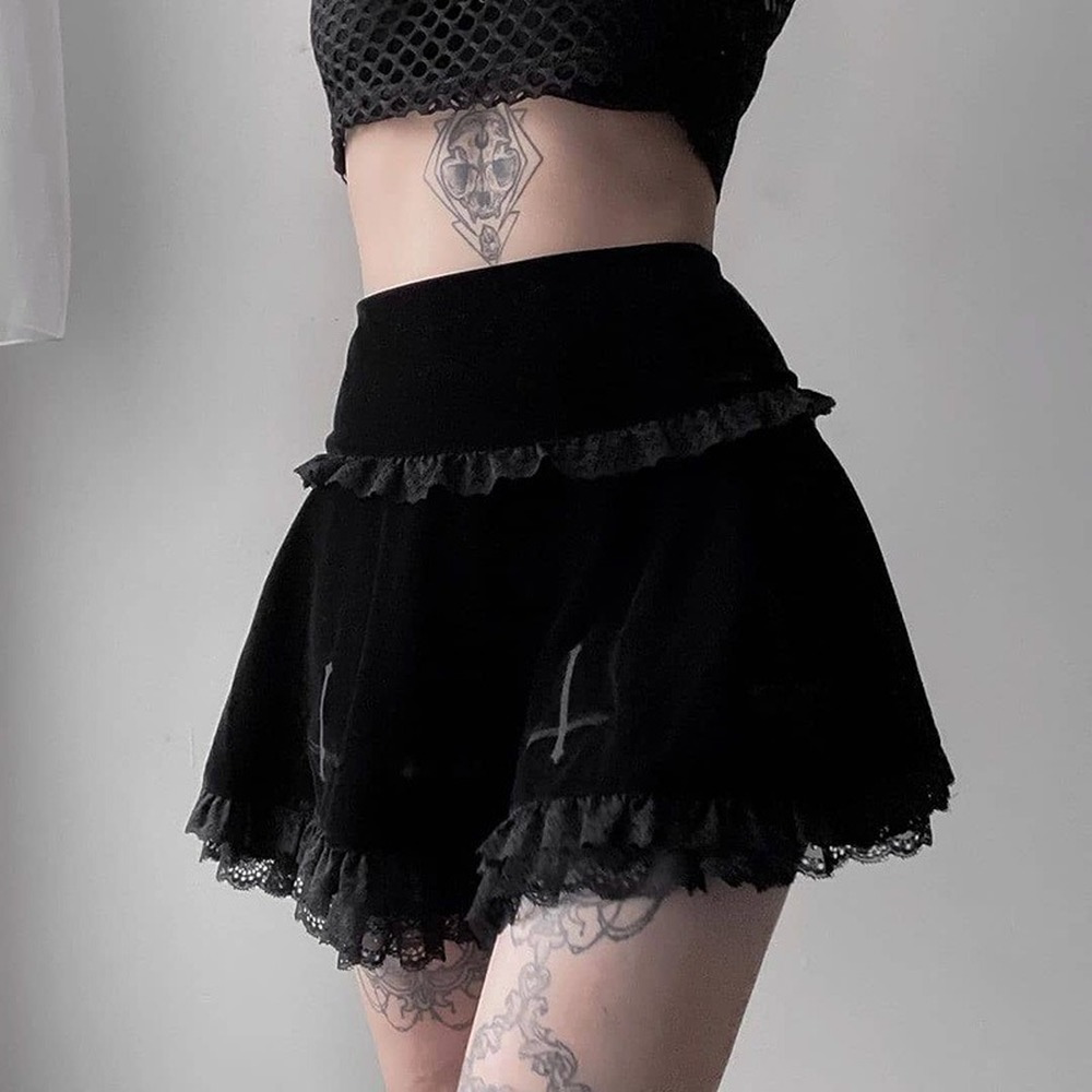 goth cross black skirt vintage lace trim a line mini skirt g