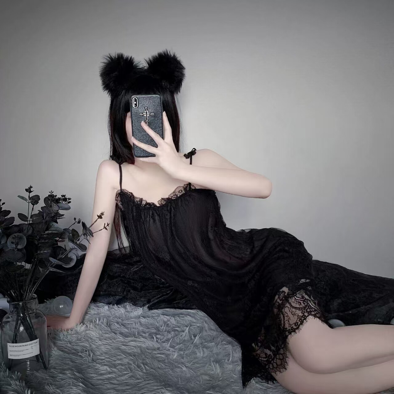 吊带睡裙女夏季睡衣冰丝绸性感黑色网纱大码蕾丝低胸裙子春家居服