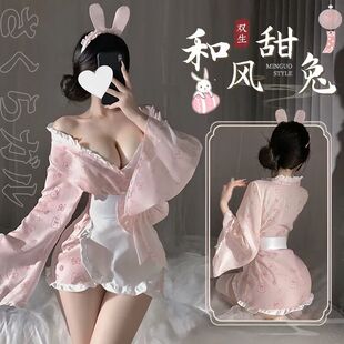 显瘦女纯欲连衣裙兔女cos制服套装 收腰修身 性感和服深V领开衫 日式