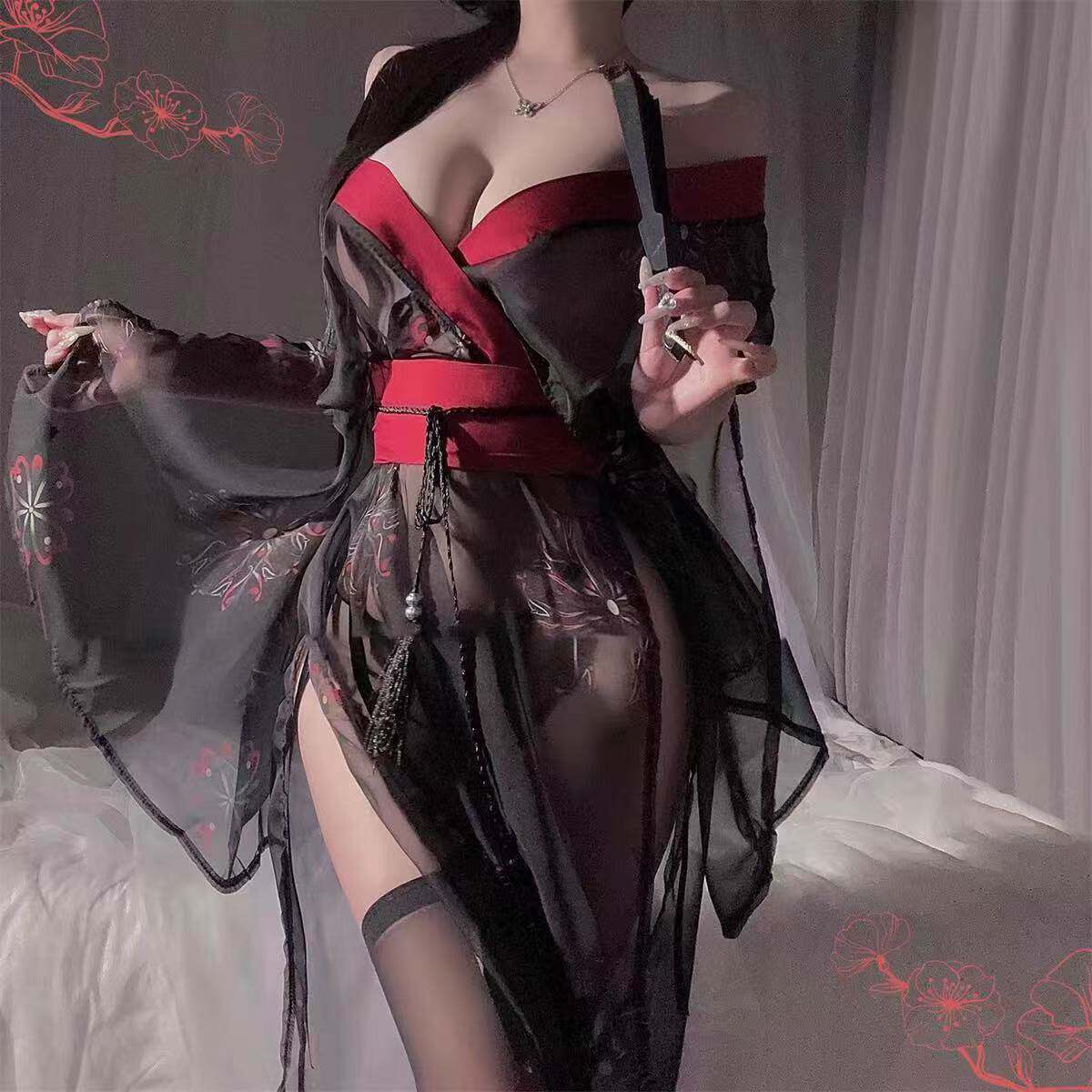 日系风复古樱花睡袍性感镂空睡衣性感女和服辣妹透光纯欲制服套装