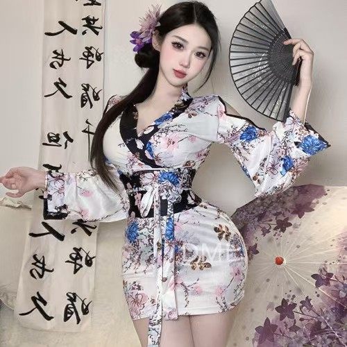 日系复古性感低胸印花和服连衣裙轻熟小女人收腰修身显瘦包臀短裙