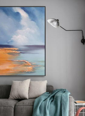 蓝色海景抽象画手工画橙色画北欧入户玄关挂画竖版走廊画餐厅挂画