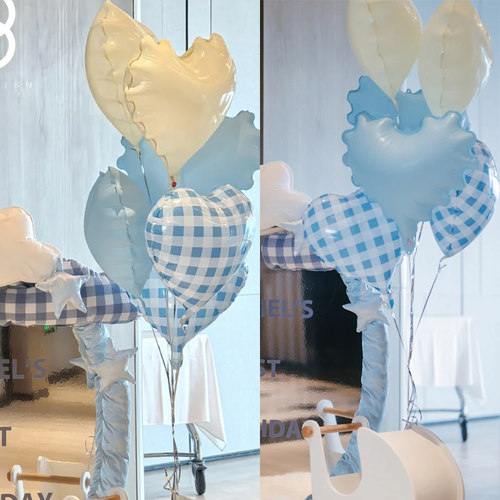 小红书网红蓝色系波浪方格爱心气球宝宝生日派对装饰拍照场景布置