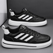 四季 真皮条纹厚底时尚 皮面情侣款 新款 板鞋 轻便软底休闲小白鞋 男鞋