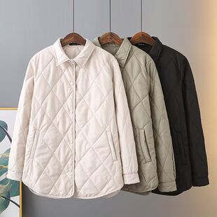 2024秋冬新款大码女装简约纯色翻领薄棉菱形格衬衫棉衣 H104 426