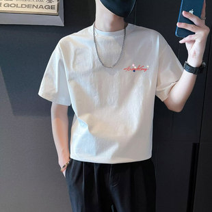 夏季男士短袖t恤重磅纯棉圆领半袖上衣网红潮牌痞帅体恤2025新款