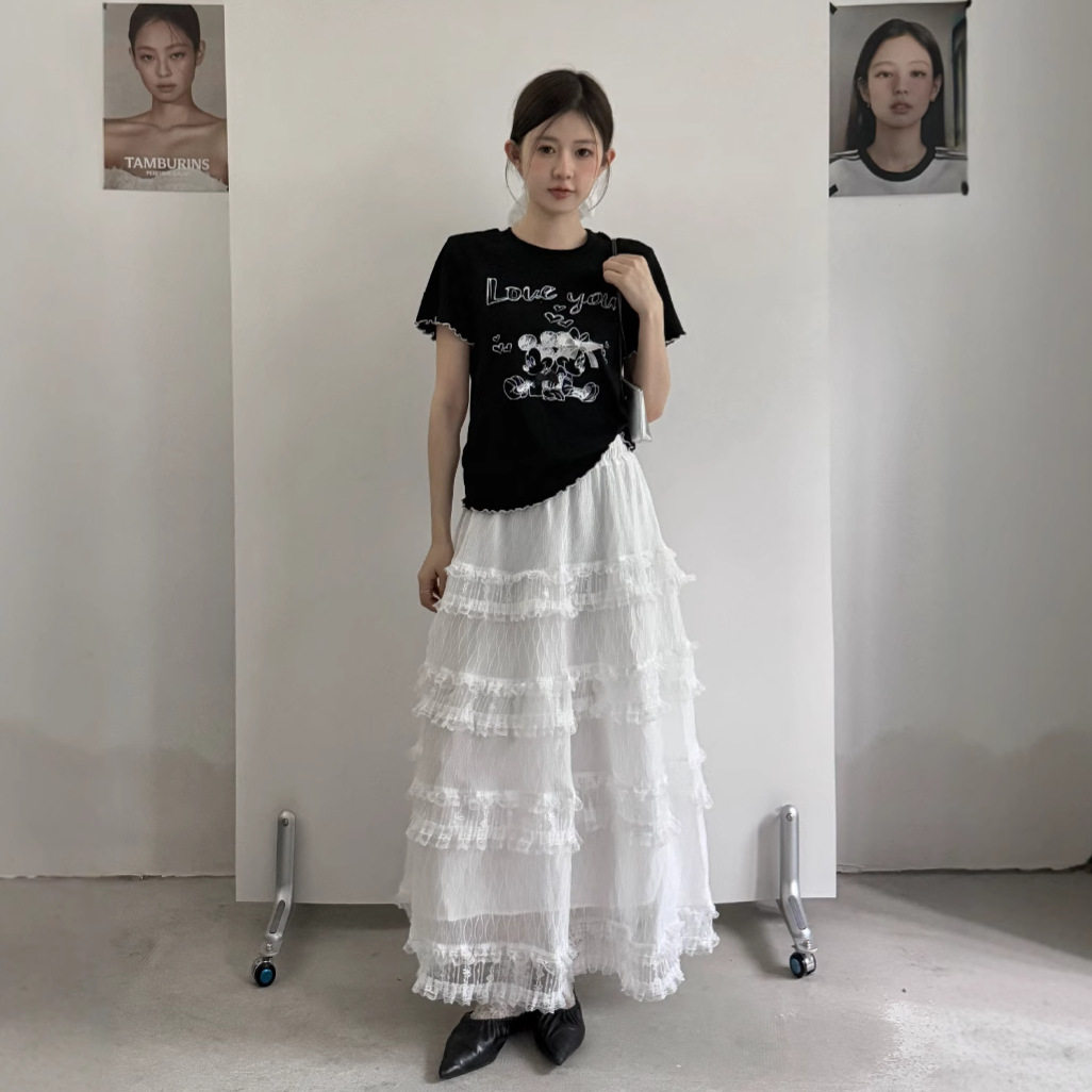 KAKAMEE十三行夏韩系气质淑女蕾丝勾花纯白层次感高腰半身裙