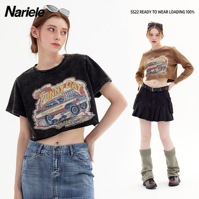 HeyHenry 复古做旧印花短袖T恤女圆领正肩宽松显瘦高腰露脐上衣夏