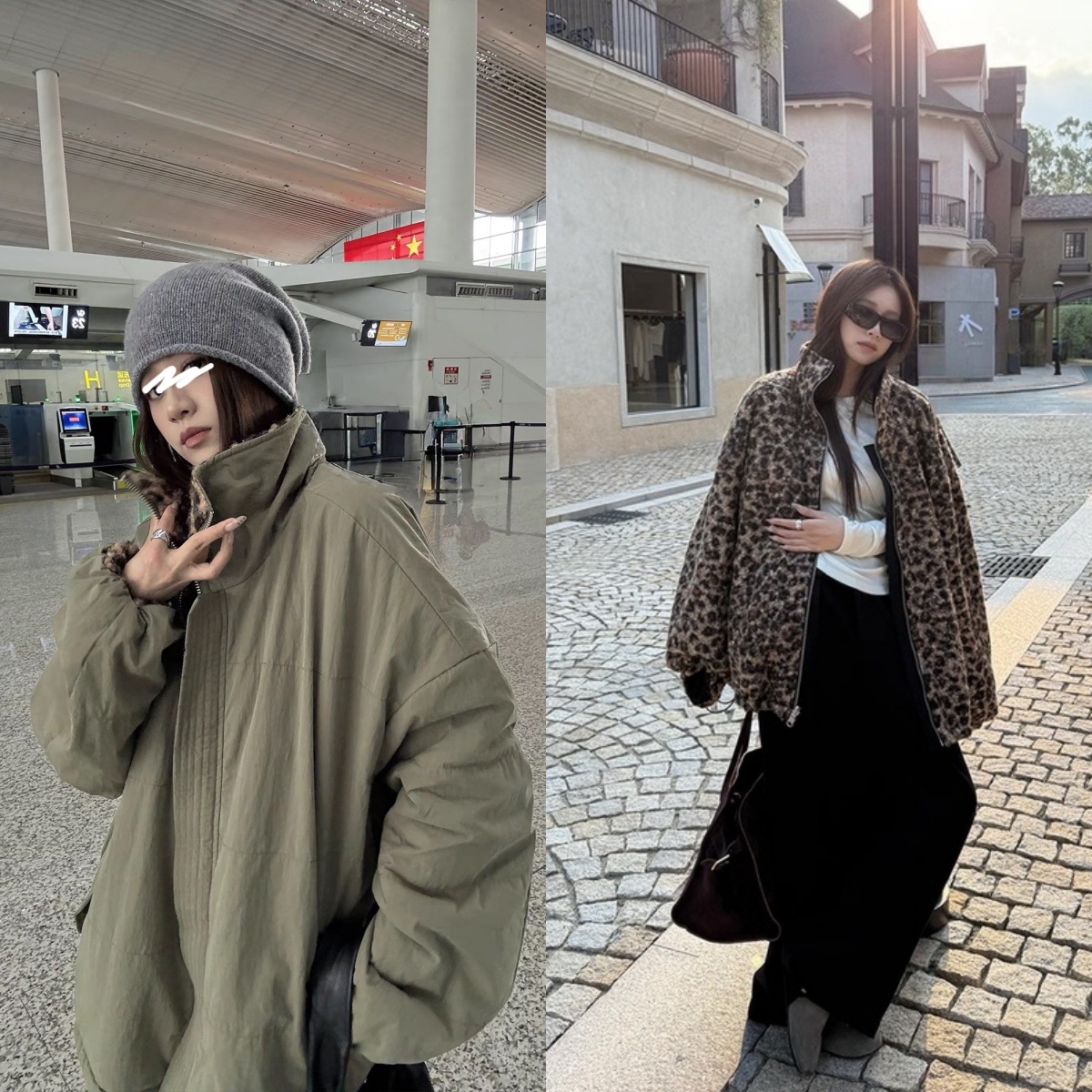 ME KAKAMEE十三行秋冬复古豹纹工装立领保暖正反两穿外套女 A3032