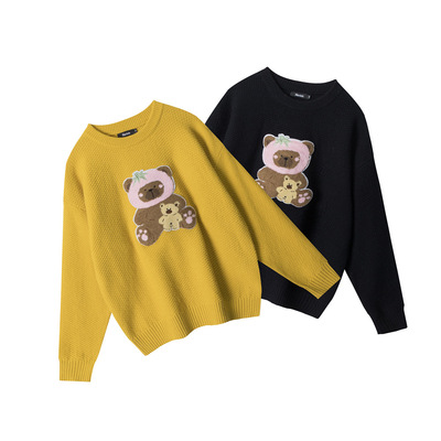 HeyHenry 韩版宽松圆领情侣毛衣男女套头慵懒小熊秋冬外穿针织衫