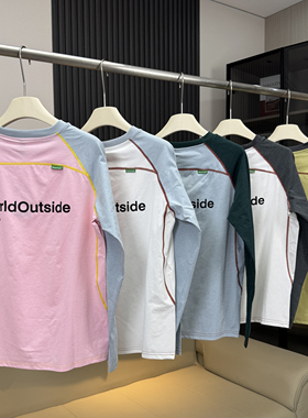 棵米ai蕉家！户外山系情侣多巴胺撞色字母插肩袖长袖T恤休闲上衣1