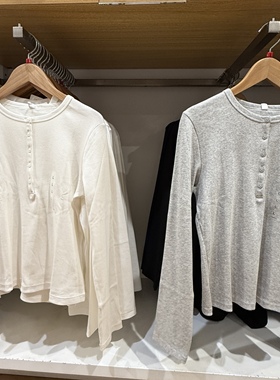 棵米ai蕉家日系休闲简约罗纹亨利领长袖T恤打底衫显瘦上衣479591