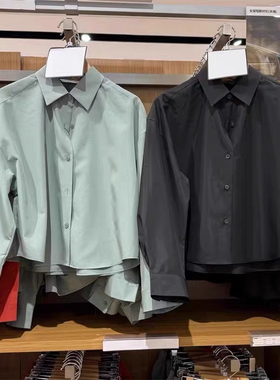 棵米ai蕉家春秋款短款长袖衬衫纯色衬衣休闲显瘦上衣薄外套476589