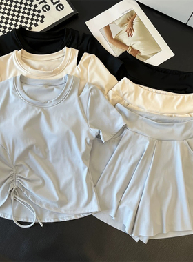 Lu家订单！带胸垫跑步运动弹力速干瑜伽短袖T恤+健身短裤套装女夏