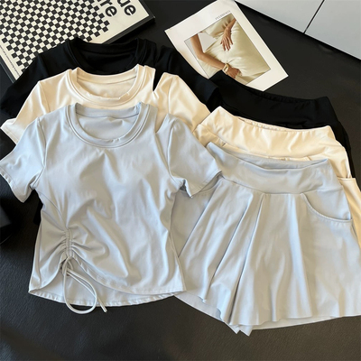 Lu家订单！带胸垫跑步运动弹力速干瑜伽短袖T恤+健身短裤套装女夏
