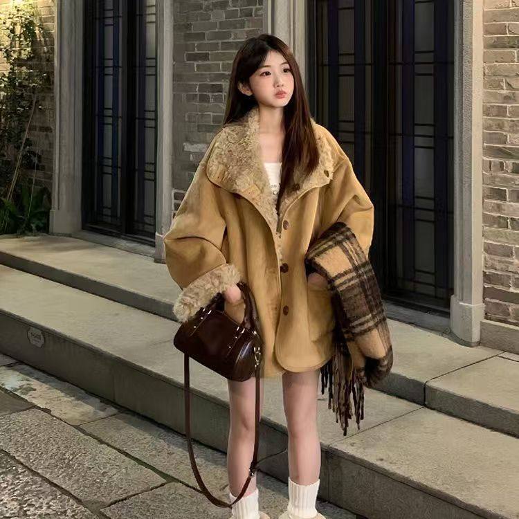 环保皮草两面穿皮毛一体羊羔毛机车服女冬季宽松加厚麂皮毛毛外套