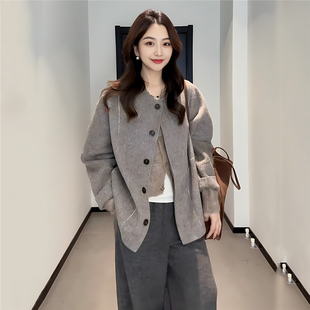 大码高级感双面大衣保暖毛衣外套女秋冬新款胖mm宽松显瘦开衫上衣