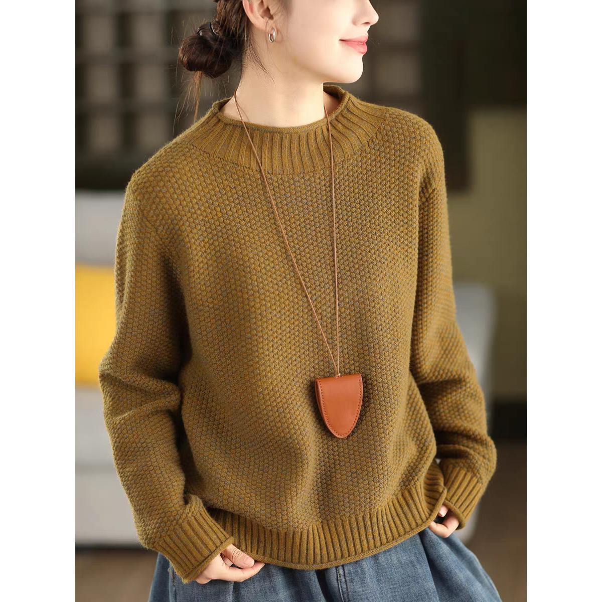 2025冬季菠萝针织双股全棉线毛衣半高领加厚套头气质上衣