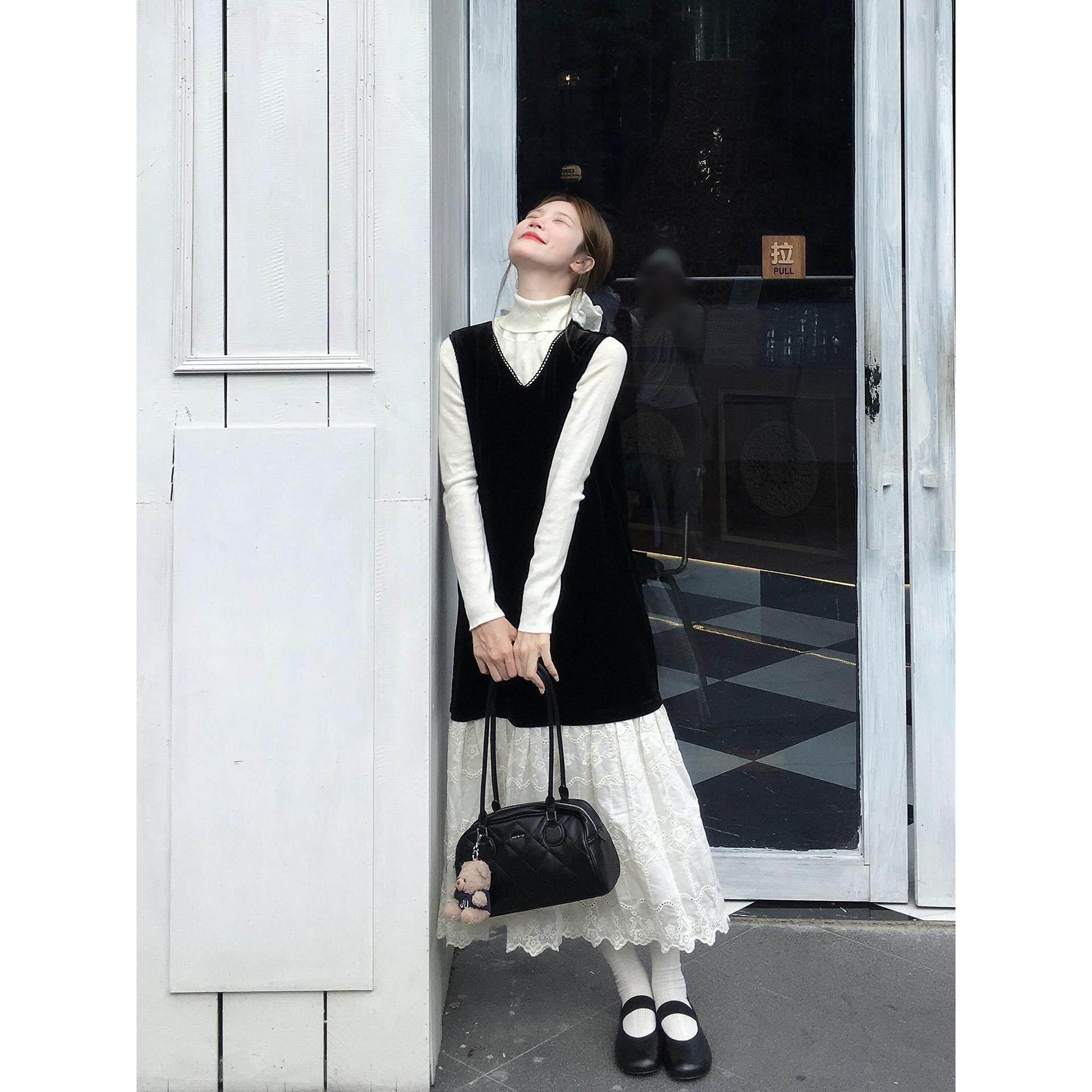 ONLINESTORE法式丝绒拼接连衣裙气质温柔风2025年新款背心长裙