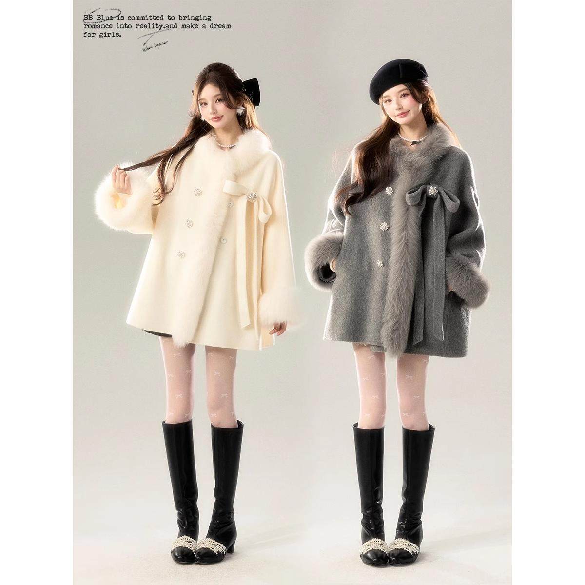 BB BLUE 原创设计 雪国千金真狐狸毛羊毛 白色灰色毛呢短款外套