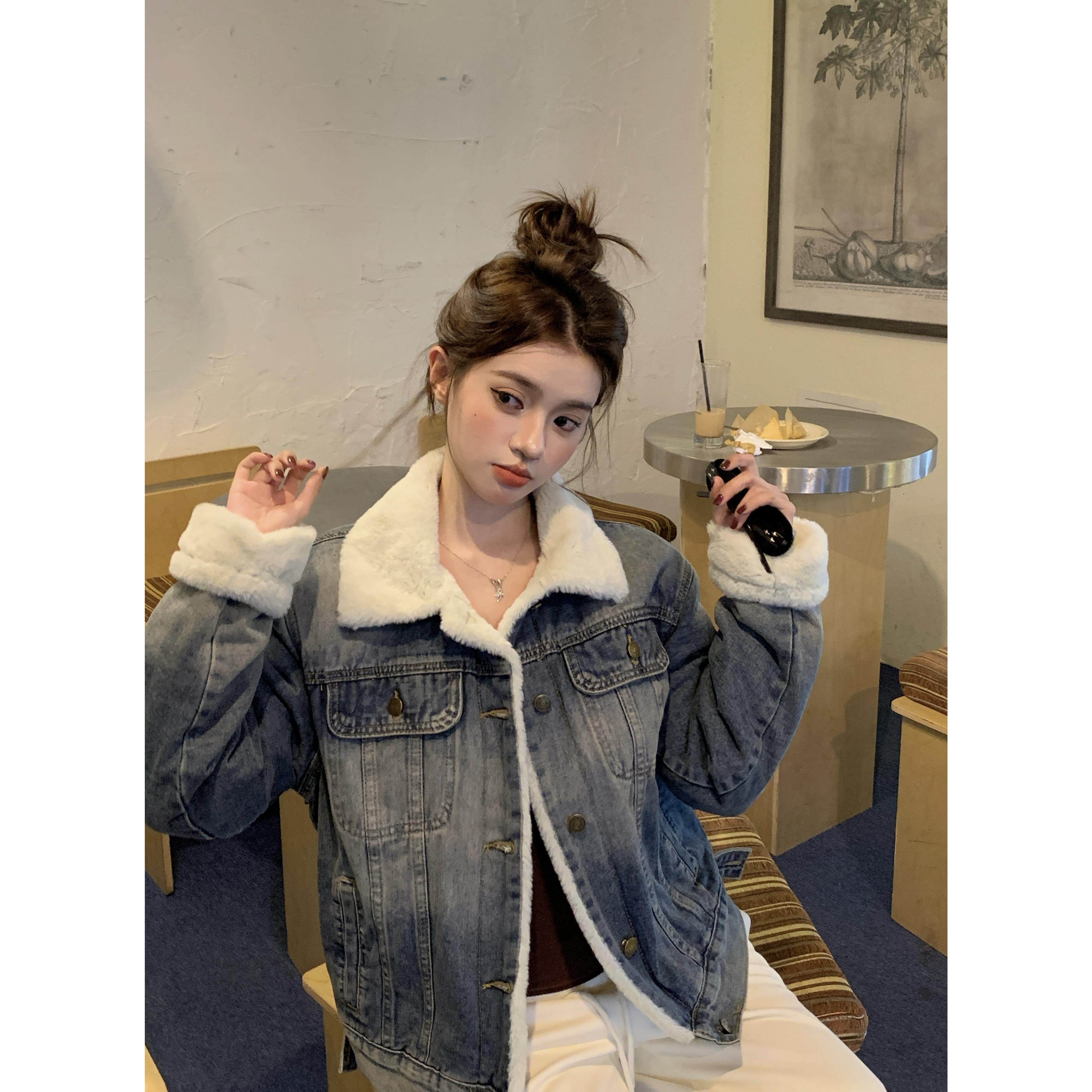 实拍 牛仔外套女加绒秋冬新款韩版小个子短款兔毛牛仔夹克上衣,女装/女士精品,短外套,淘宝优惠券,粉丝福利购,淘宝优惠卷