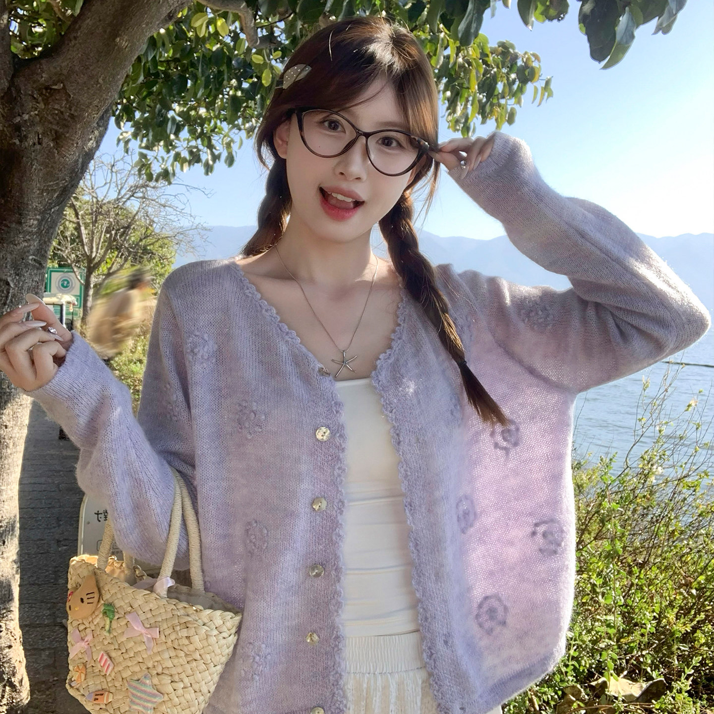 家紫色羊毛针织开衫外套