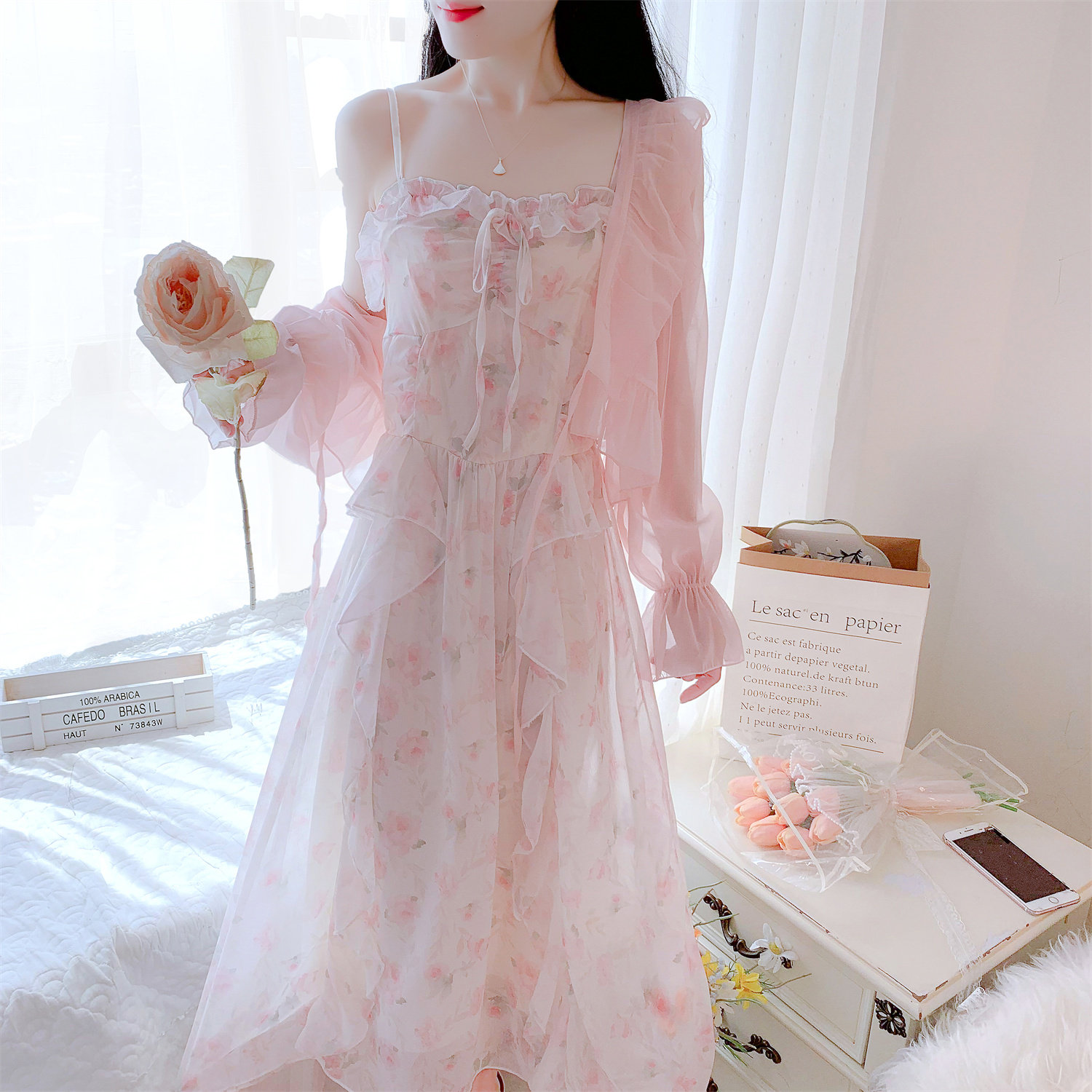 高级感甜美雪纺碎花长裙2