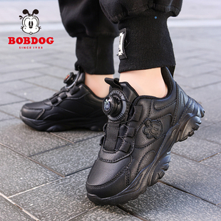 巴布豆儿童鞋子春秋新款皮面小白鞋男童运动鞋黑色学生女童休闲鞋