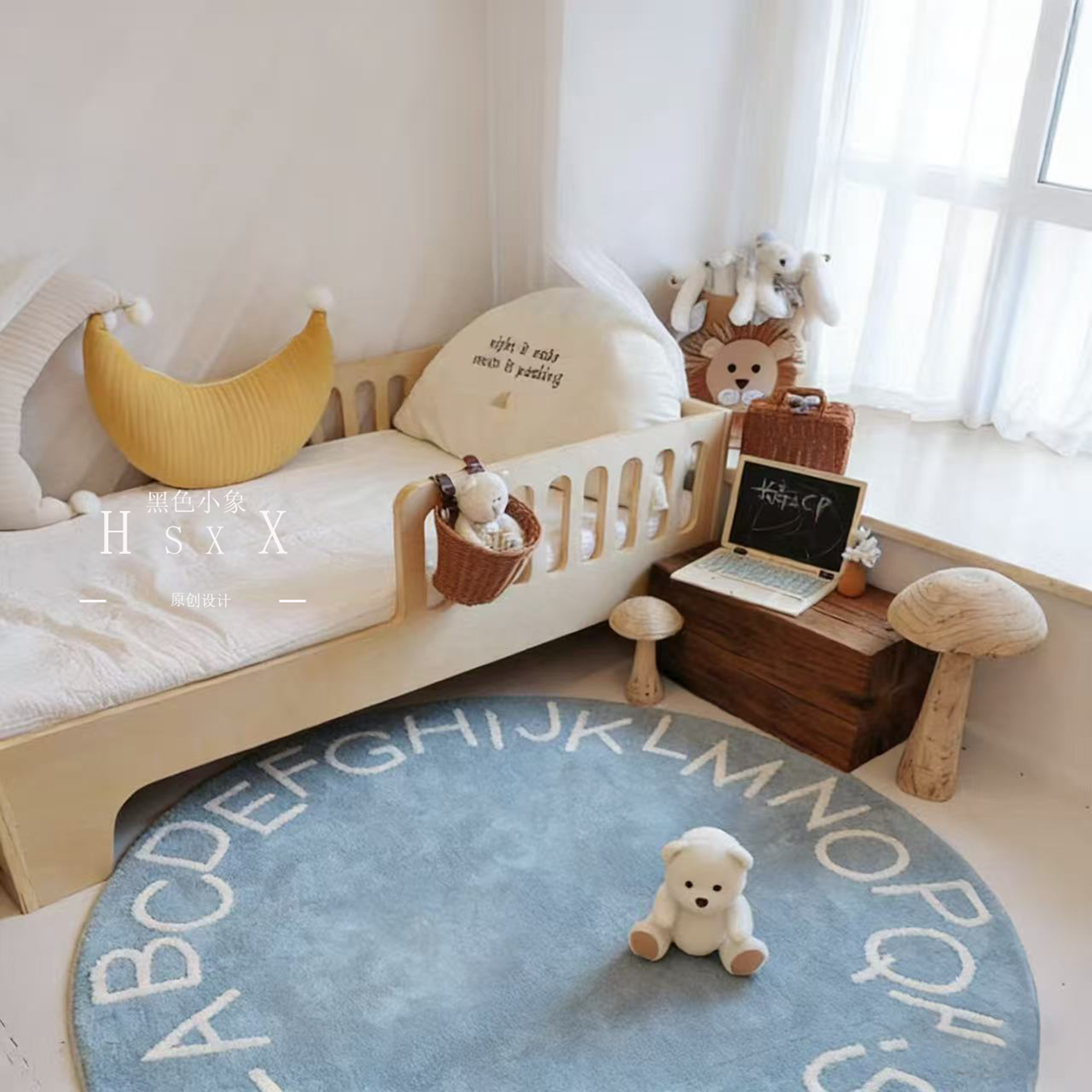 蓝色圆形地毯儿童房间地毯卧室垫