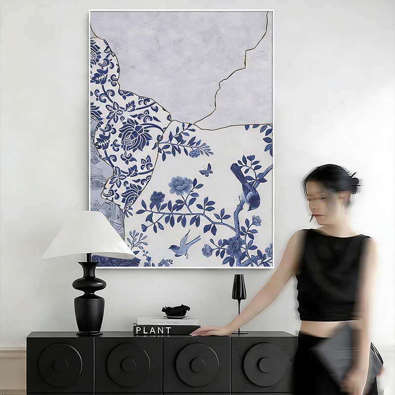 新中式青花瓷客厅装饰画高级感软装壁画中古复古民族风玄关挂画