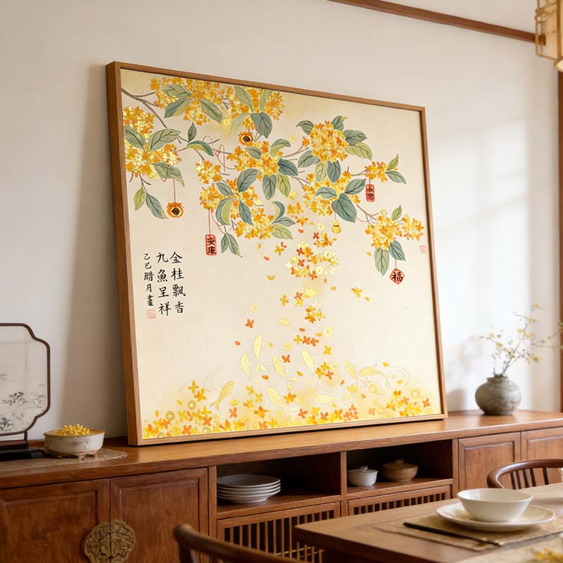 金桂九鱼图聚财新中式饭厅装饰画方形电表箱壁画五谷丰登卧室挂画