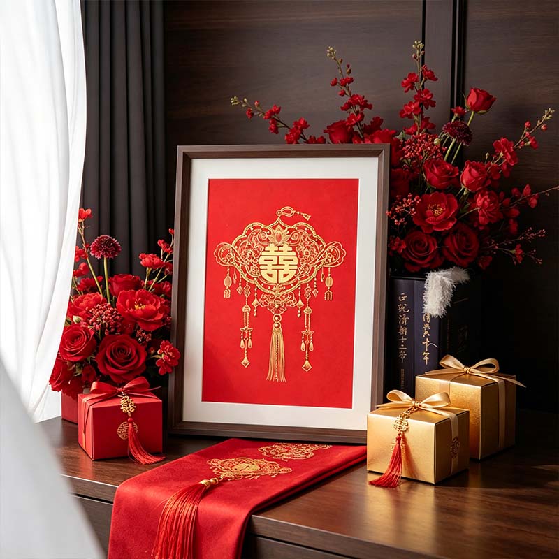 喜字画新中式客厅装饰画高级感红底金字结婚礼物桌面摆件小挂画