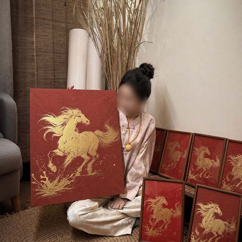 马到成功新中式客厅装饰画现代抽象红色骏马餐厅壁画复古玄关挂画