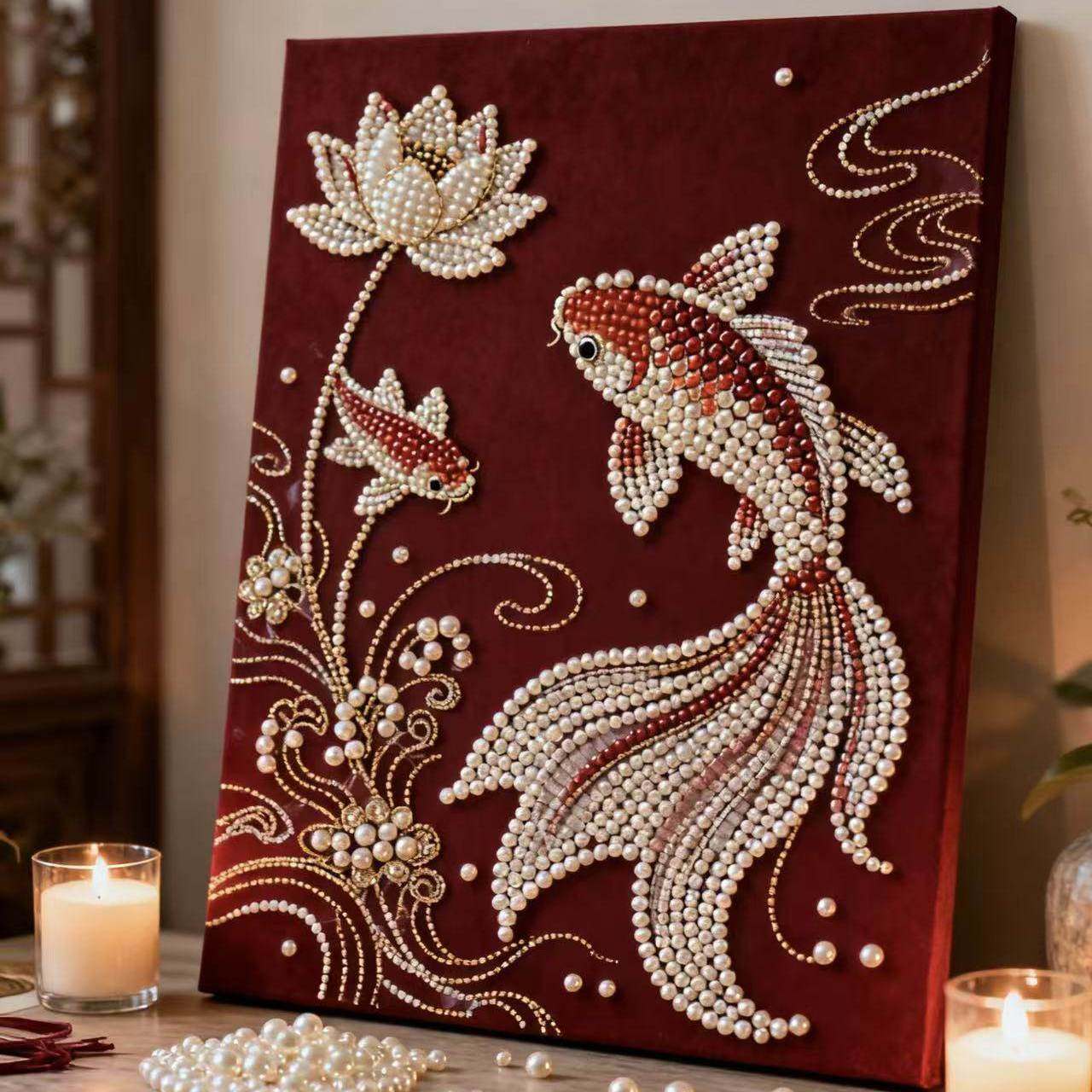 锦鲤珍珠画diy手工粘钻石画创意摆件送朋友礼物结婚寓意好装饰画