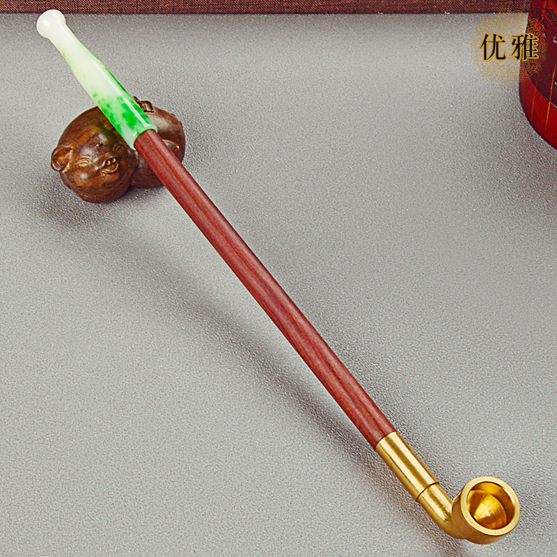 优雅烟斗手工红檀实木烟杆过滤长玉石烟嘴老人短款烟枪旱烟袋锅子