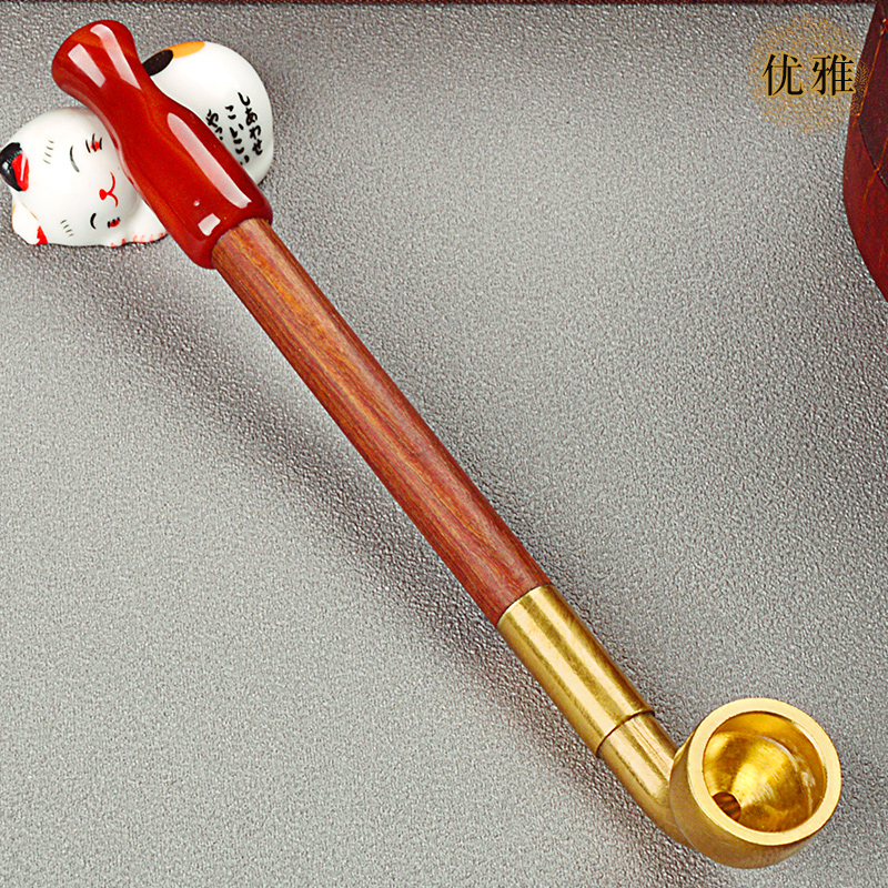优雅便携式手工旱烟袋天然玛瑙烟嘴黄铜烟锅红檀木烟杆男士烟具