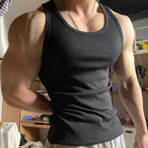 男士夏季工字运动背心重磅棉粗螺纹健身弹力修身显肉吸汗无袖t恤