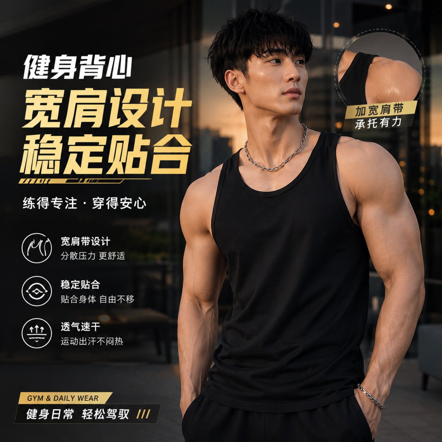 夏季美式重磅粗螺纹背心显大健身外穿男打底紧身透气弹力黑色撸铁
