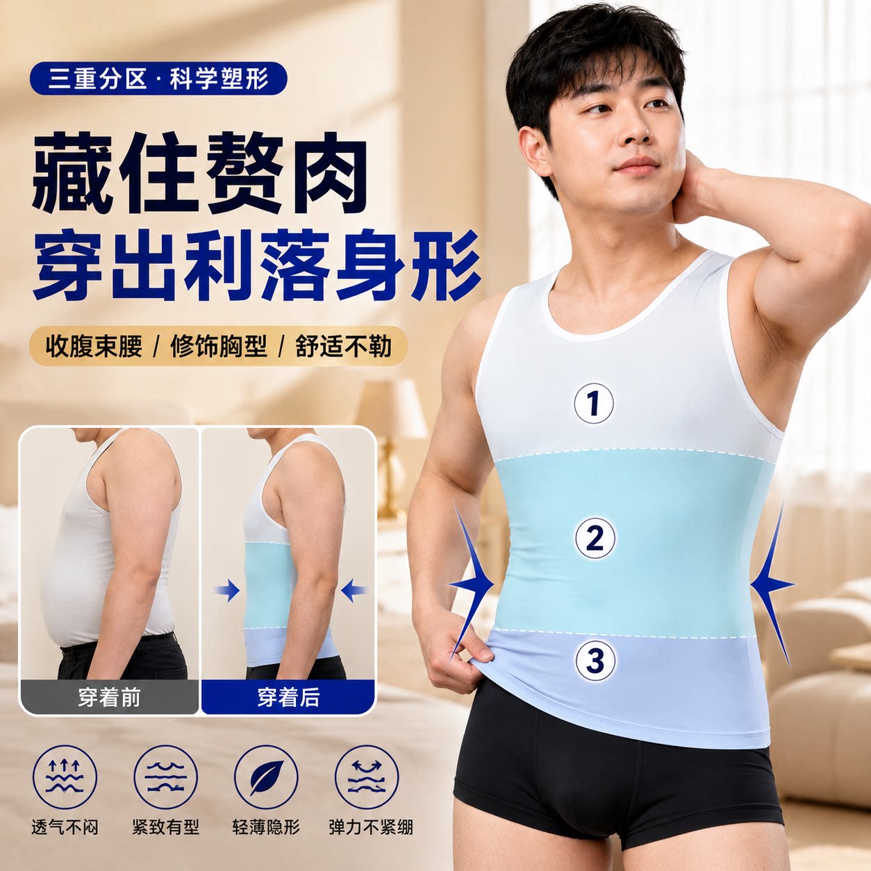 藏肉神器显瘦男士运动透气收腹收胸背心藏胸藏肚子雌化胸加肥加大