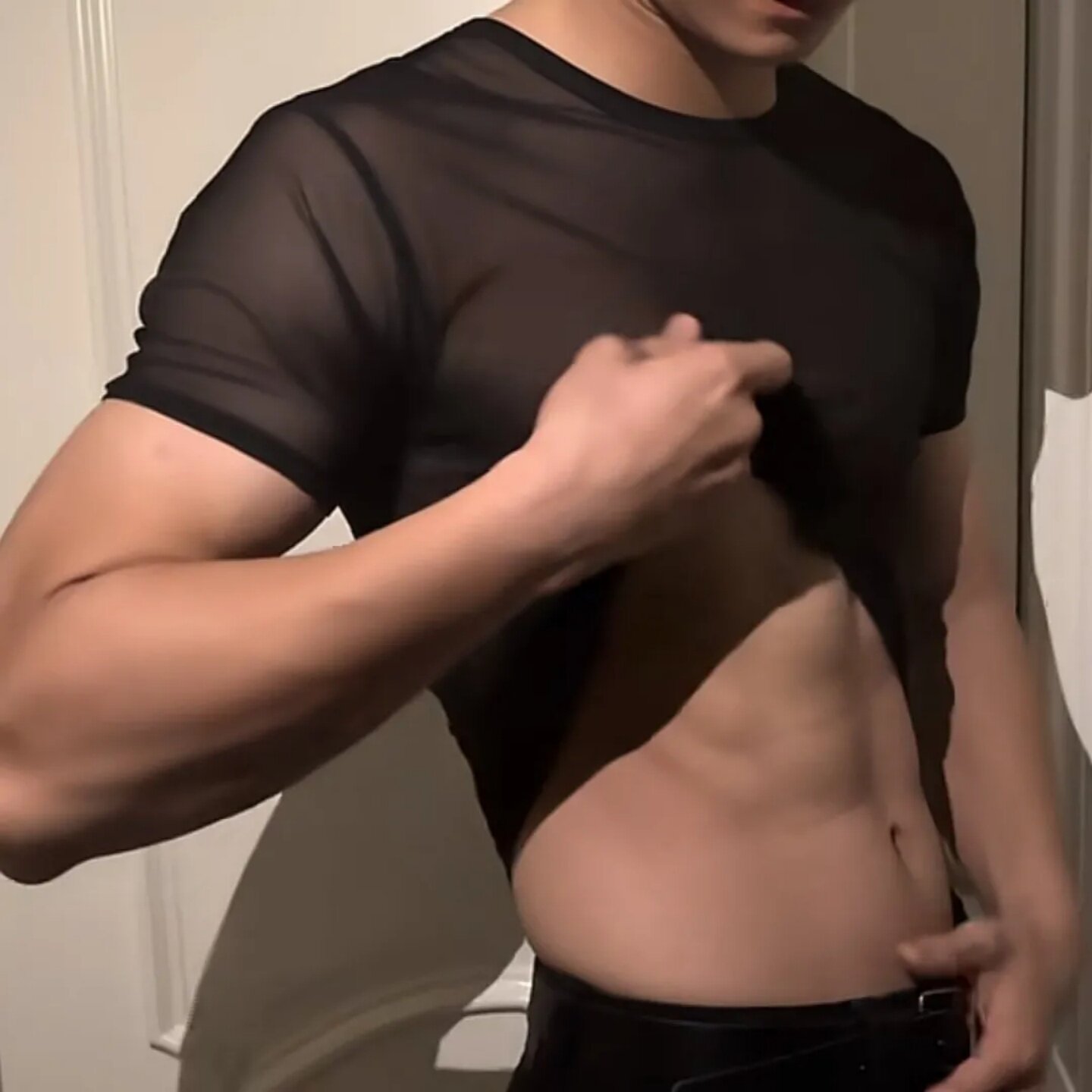抖音同款性感透视圆领男士夏季网纱网红短袖透气打底运动T恤上衣