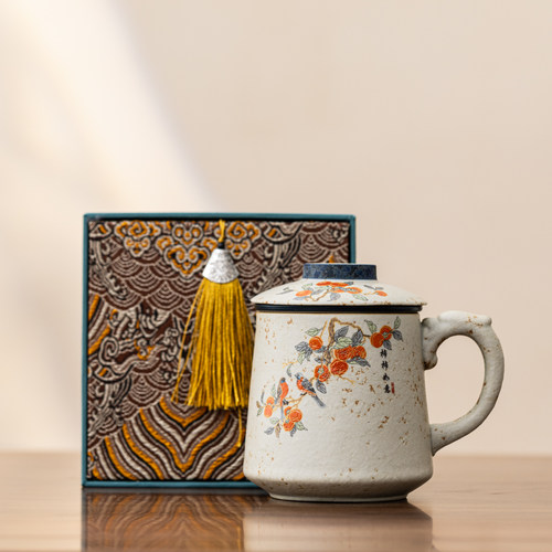 柿柿如意青花火石红茶杯陶瓷茶水分离杯子办公式杯带盖马克杯水杯