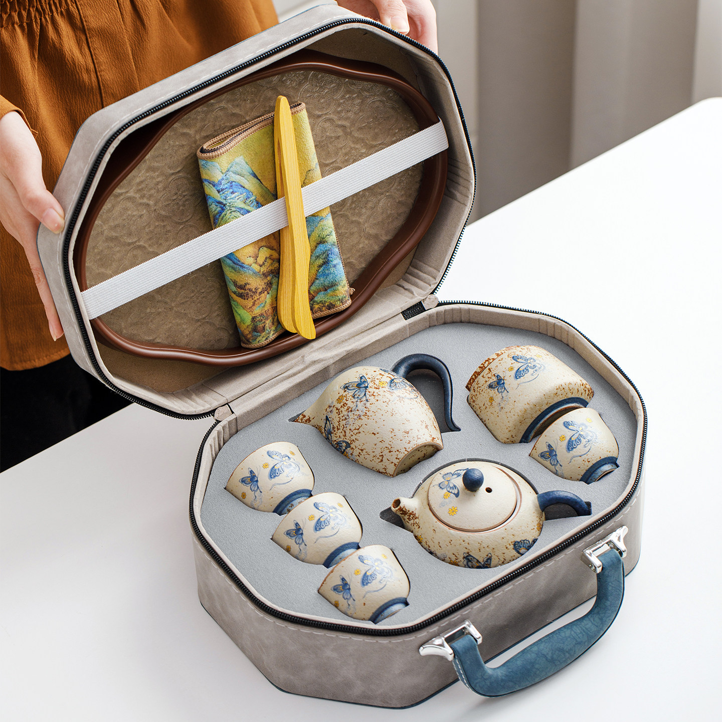 便携旅行茶具小套装手提包式茶壶茶杯一壶四杯办公室户外泡茶神器,餐饮具,旅行茶具,淘宝优惠券,粉丝福利购,淘宝优惠卷