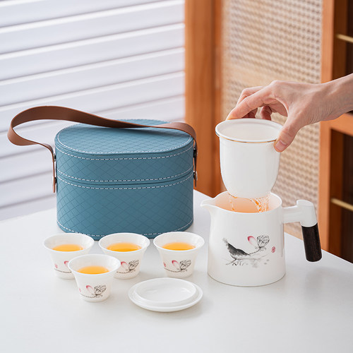 羊脂玉白瓷旅行茶具套装便携式户外泡茶壶茶杯露营快客杯一壶四杯