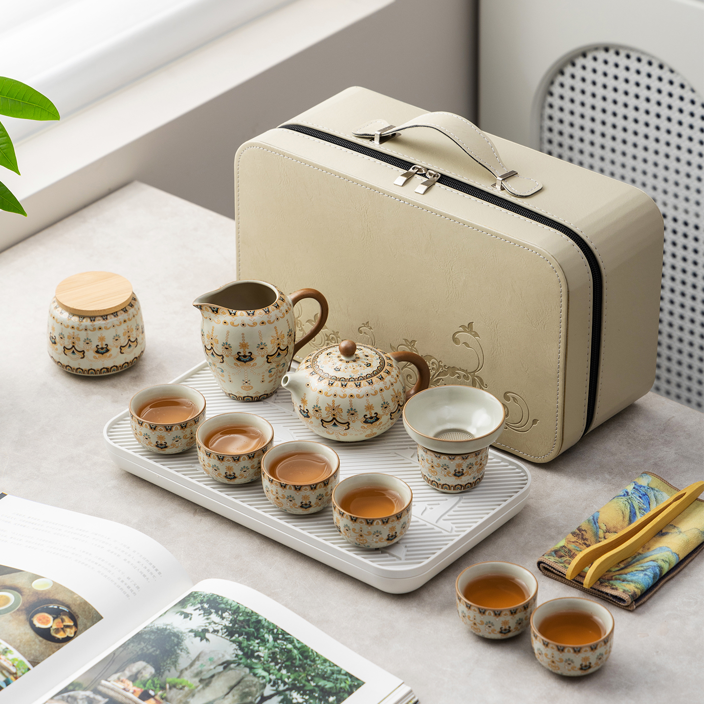 敦煌文创汝窑功夫旅行茶具套装便携式简约户外陶瓷泡茶壶茶杯定制