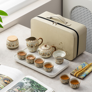 敦煌文创汝窑功夫旅行茶具套装便携式简约户外陶瓷泡茶壶茶杯定制